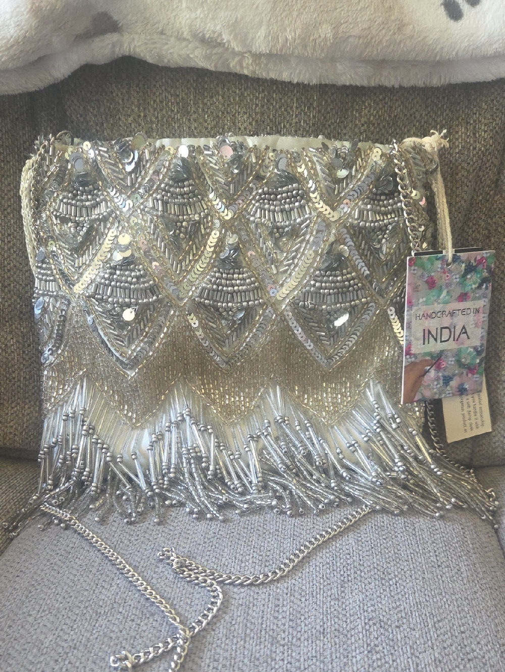 Handcrafted In INDIA Silver Beaded Evening Pouch - Light Silver Interior